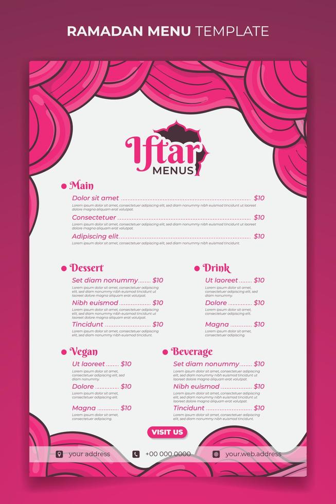 Ramadan iftar menu for iftar party at ramadan fasting in pink feminine hand drawn design vector