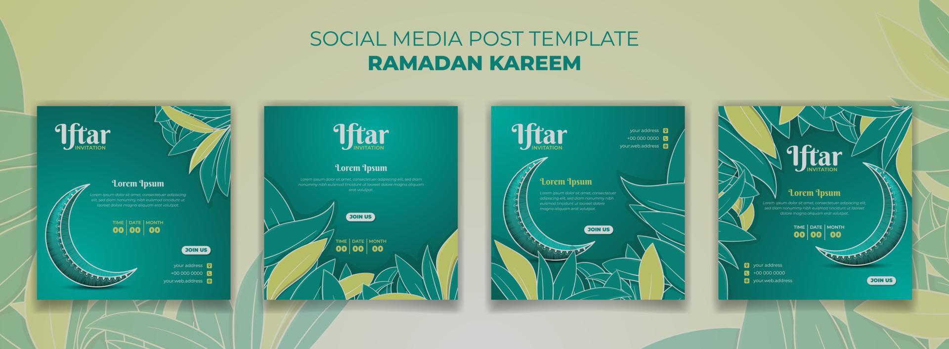 Social media post template in green background with crescent moon for ramadan kareem design vector