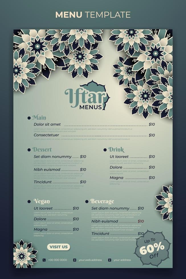 iftar menú modelo en Ramadán kareem diseño con mandala ornamental diseño vector