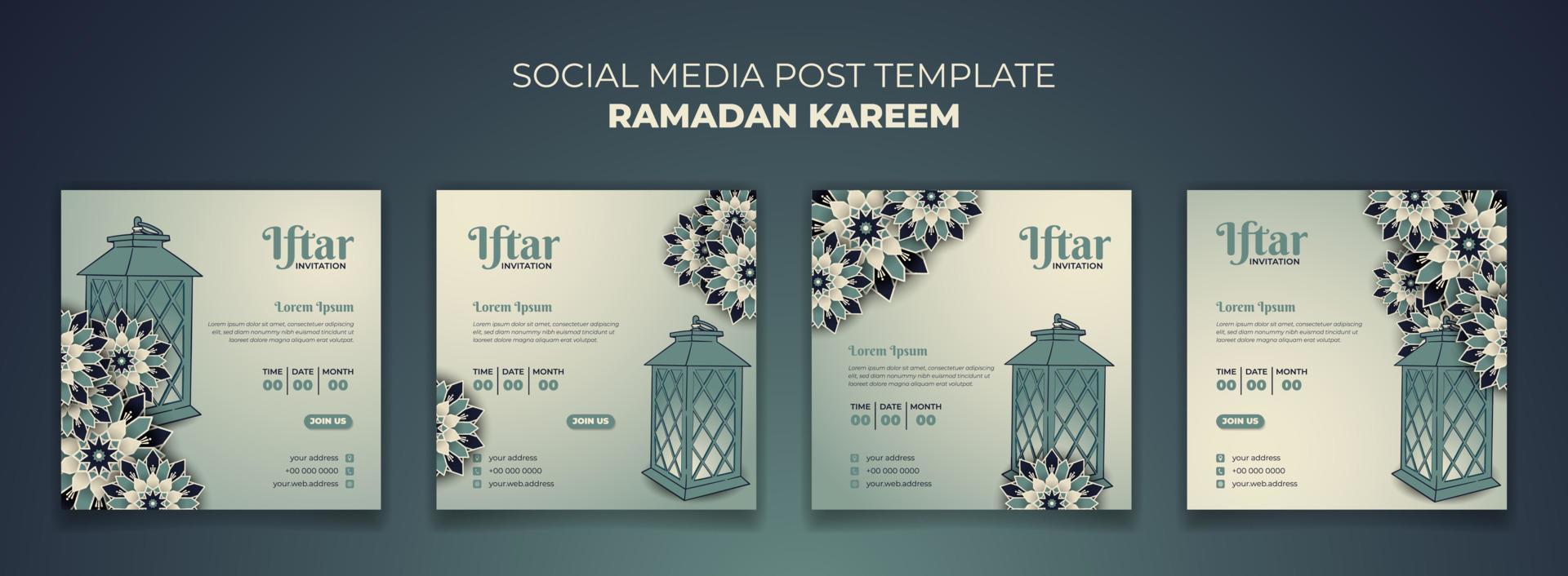 Social media post template for ramadan kareem with lantern and ornamental background vector