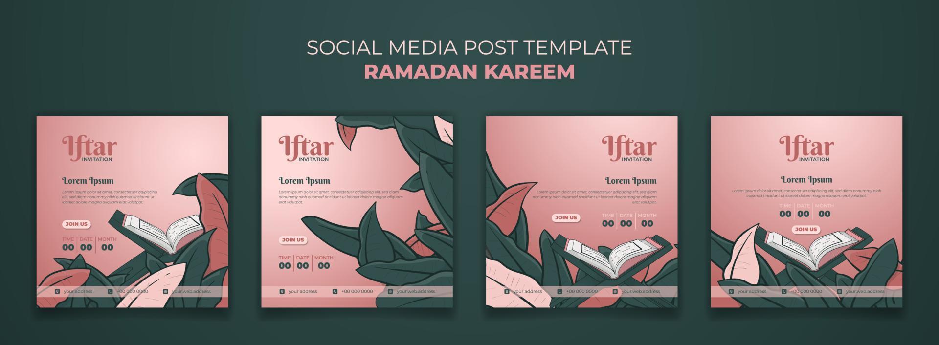 social media post template with qur'an and green leaves background in hand drawn design vector