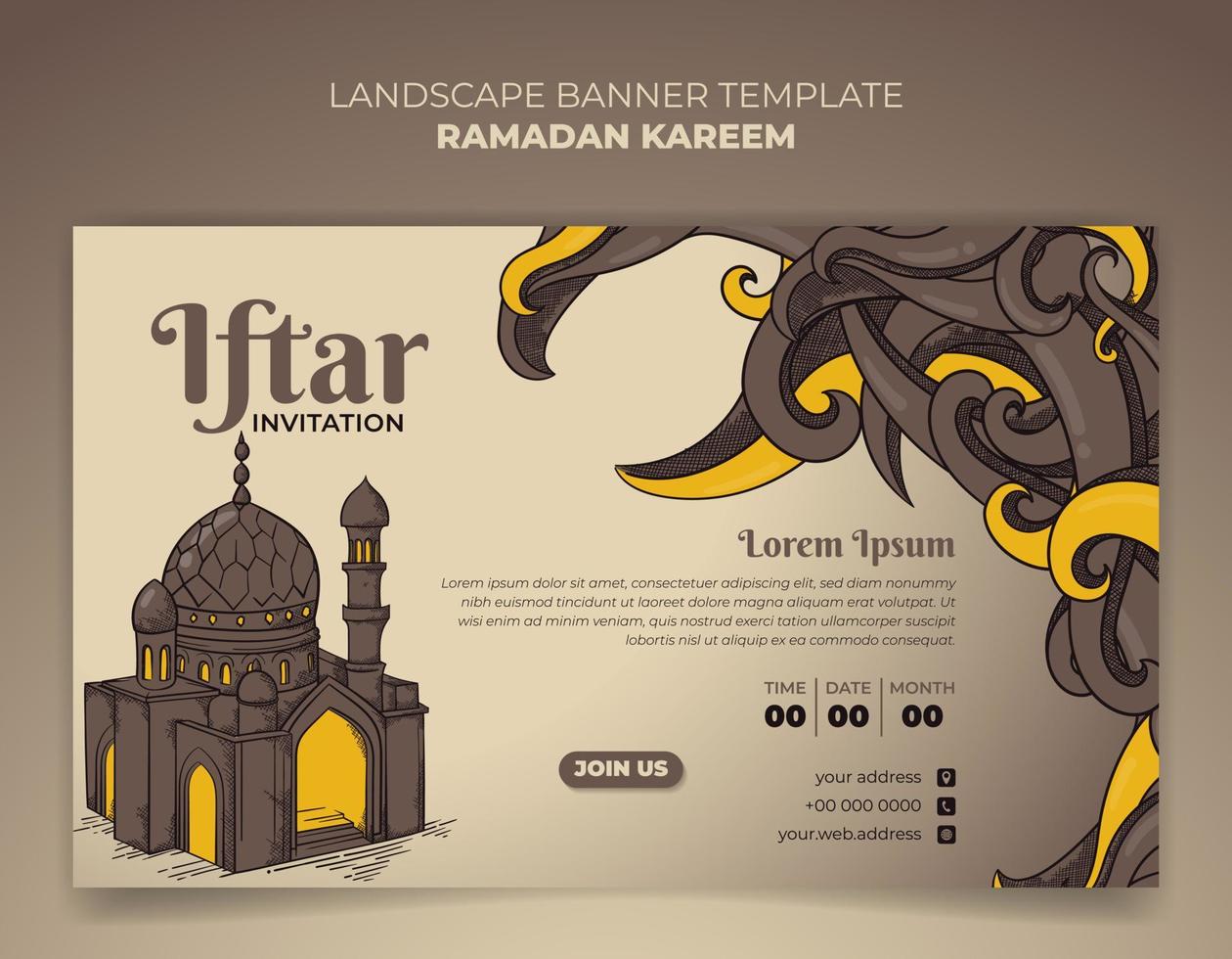 paisaje bandera diseño para Ramadán kareem modelo con mano dibujado de mezquita y césped diseño vector