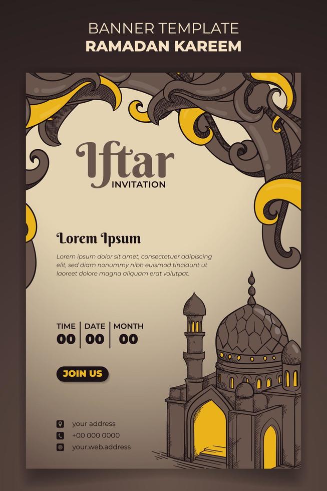 Ramadan kareem template with mosque and hand drawn of grass design in brown background vector