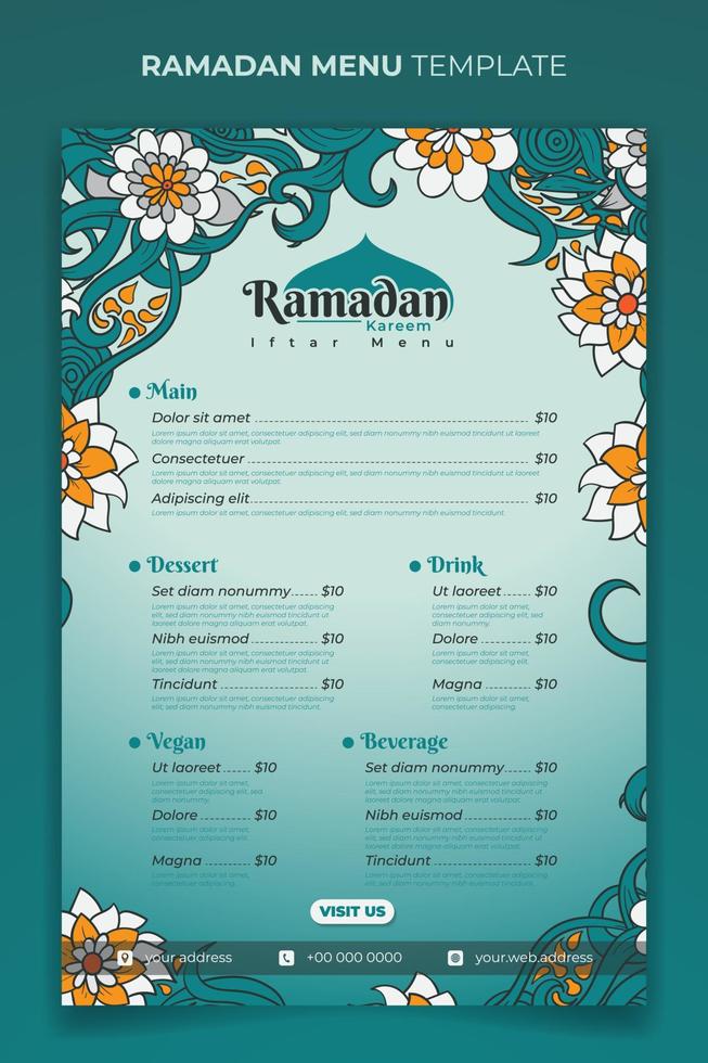 Ramadan iftar menu template with Green floral design vector