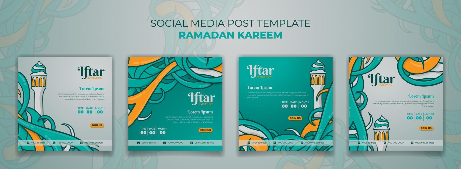 Set of social media post template with grass in hand drawn design with minaret and green background vector