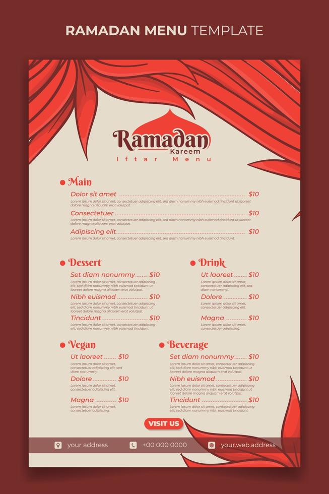 ramadan iftar menu for ramadan fasting event with orange grass background in hand drawn design vector