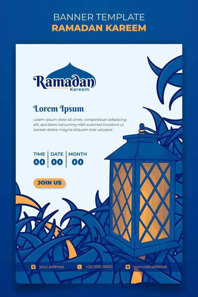 Ramadán kareem bandera modelo con linterna un azul césped en mano dibujado diseño vector