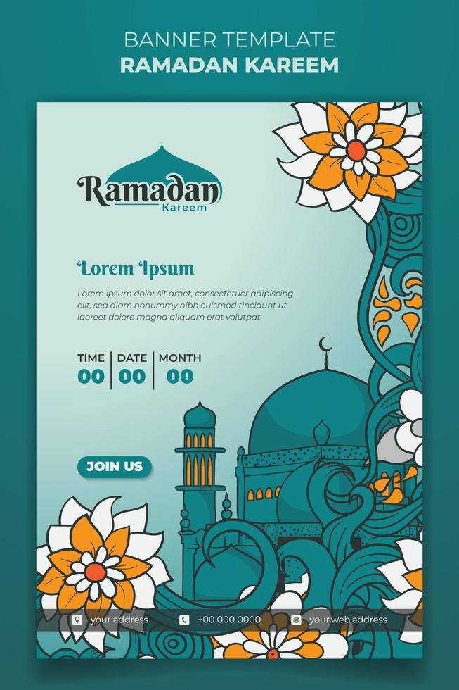Ramadan banner template design with mosque and floral background in hand drawn design vector