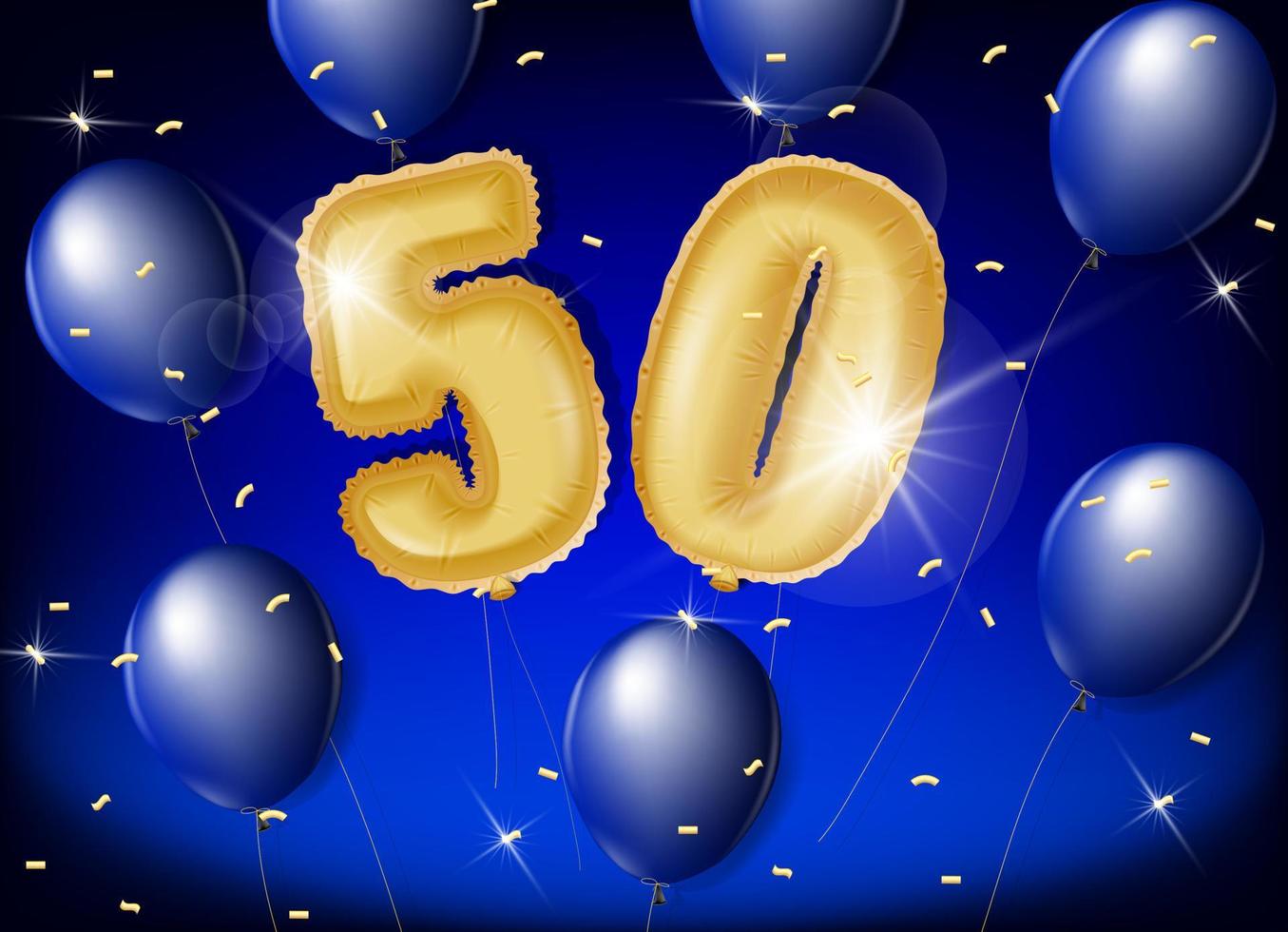 Celebrating 50 years with gold and blue balloons and glitter confetti on a blue background. Vector design for celebrations, invitation cards and greeting cards.