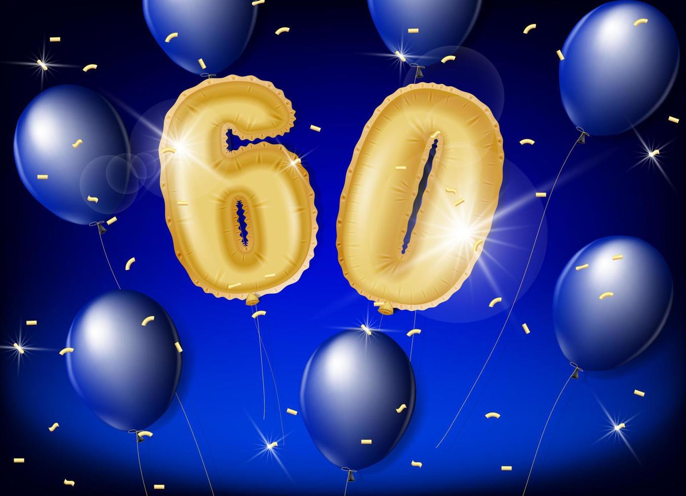 Celebrating 60 years with gold and blue balloons and glitter confetti on a blue background. 3d Vector design for celebrations, invitation cards and greeting cards.