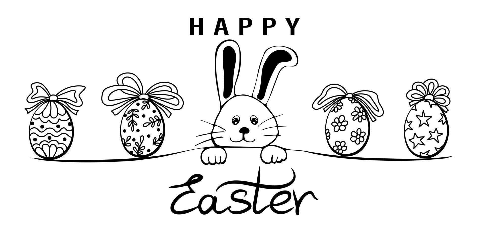 Happy Easter banner. Trendy Easter design with typography, hand drawn funny bunny and eggs vector