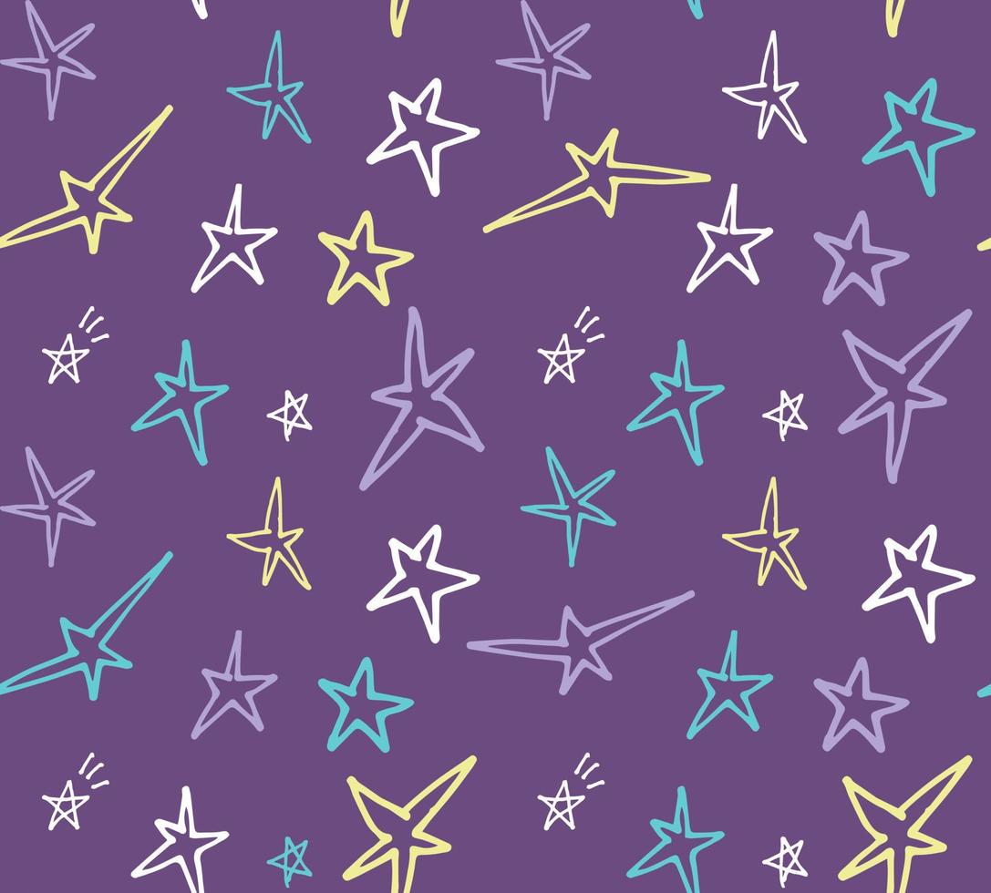 Seamless pattern hand-drawn colorful stars on a violet background vector