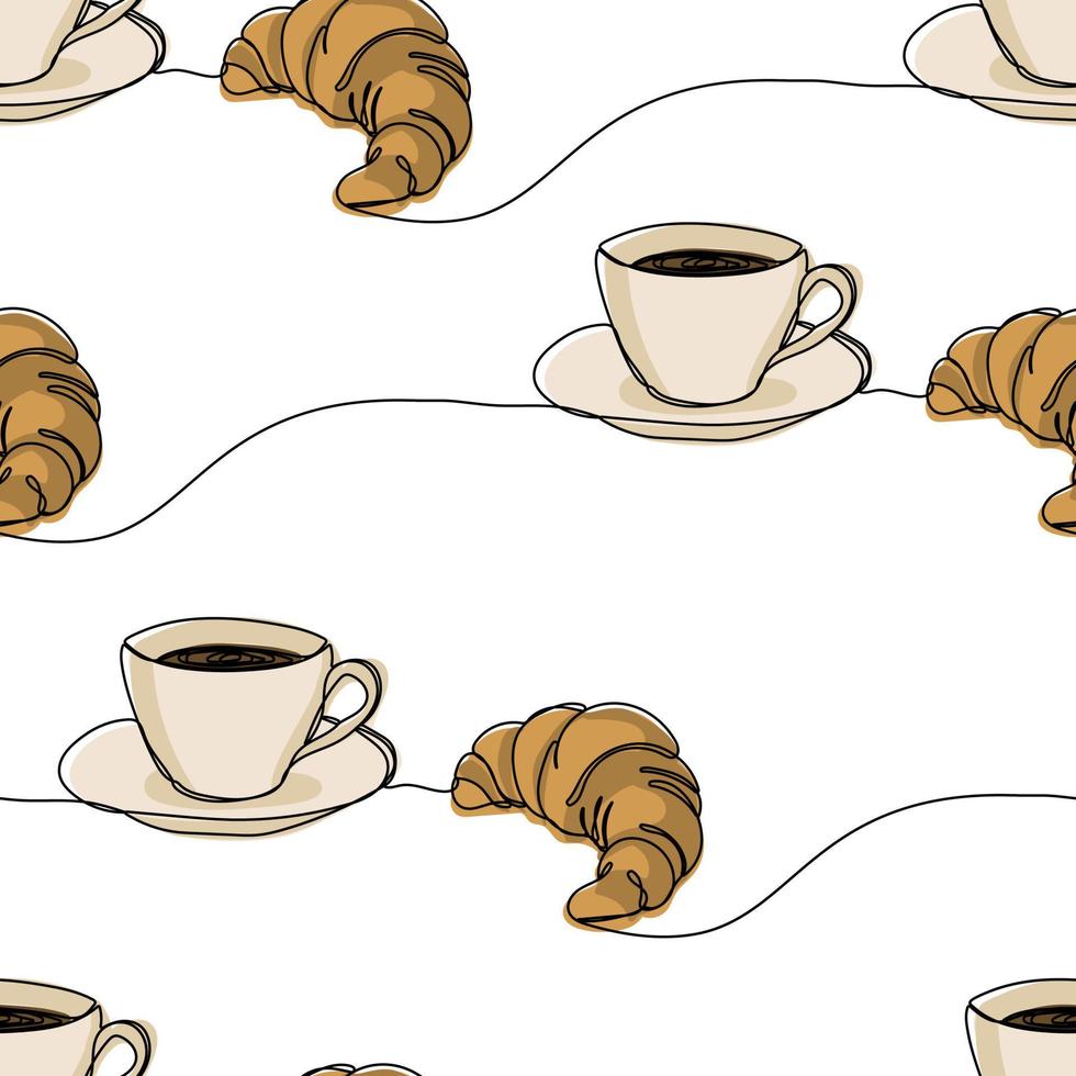Seamless pattern with cup of tea and croissant on white background vector