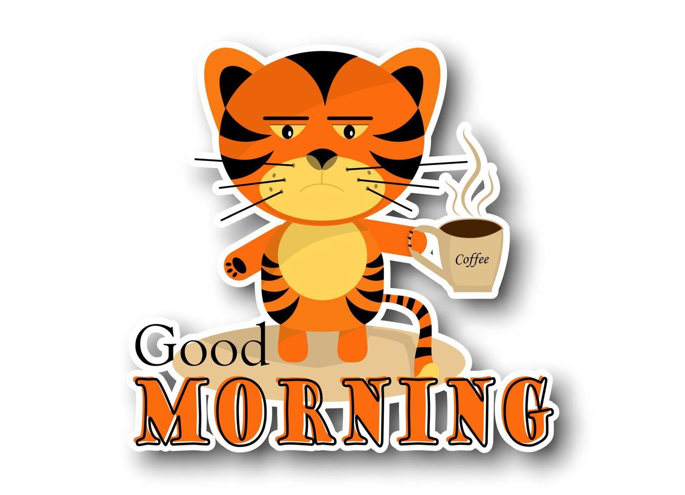 Sticker tiger boy with  cup of coffee and Good morning text on white background vector