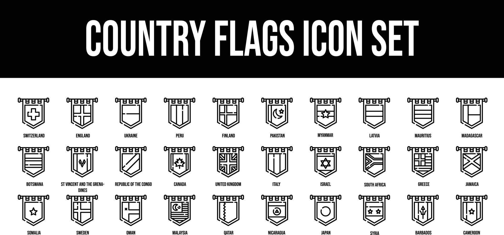 Country Flags Glyph stroke outline icons set vector