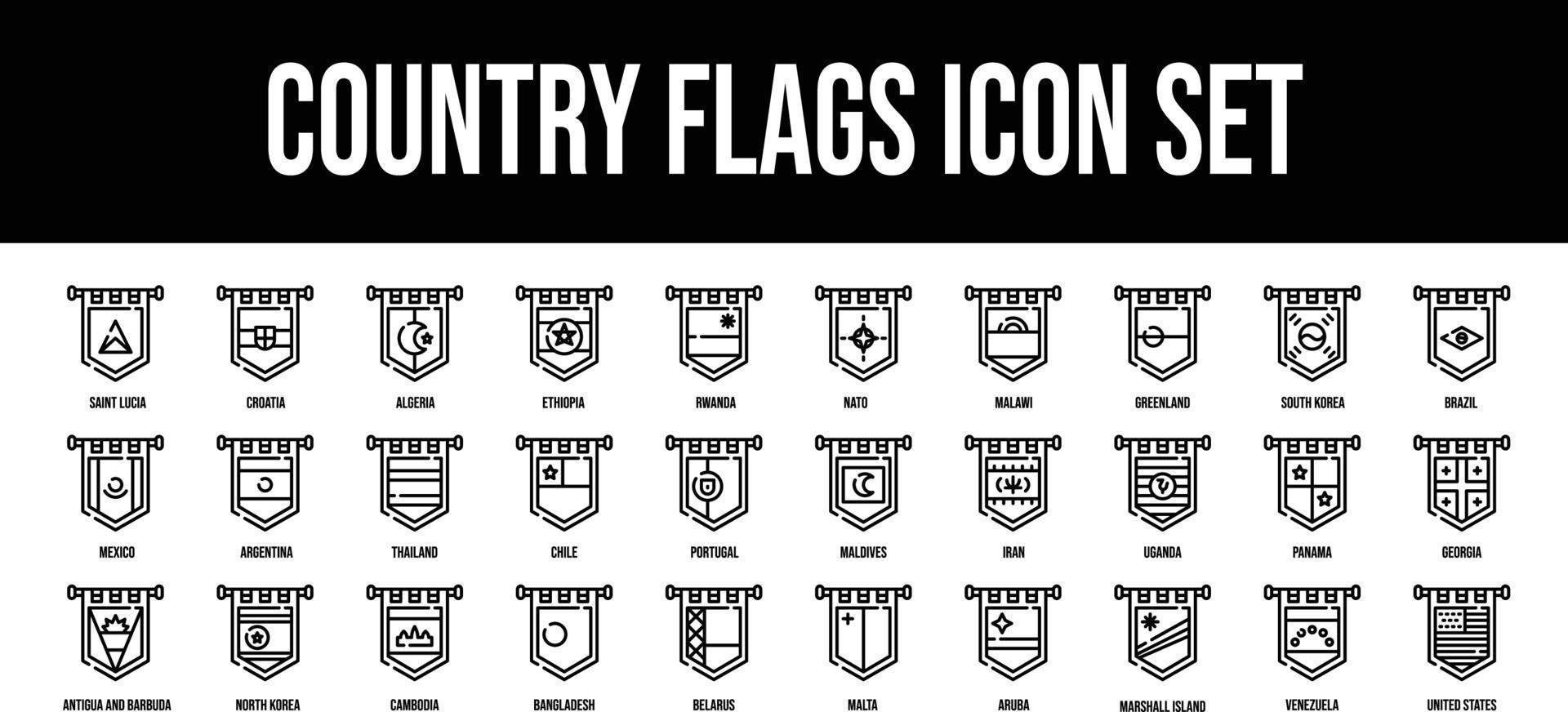 Country Flags Glyph stroke outline icons set vector