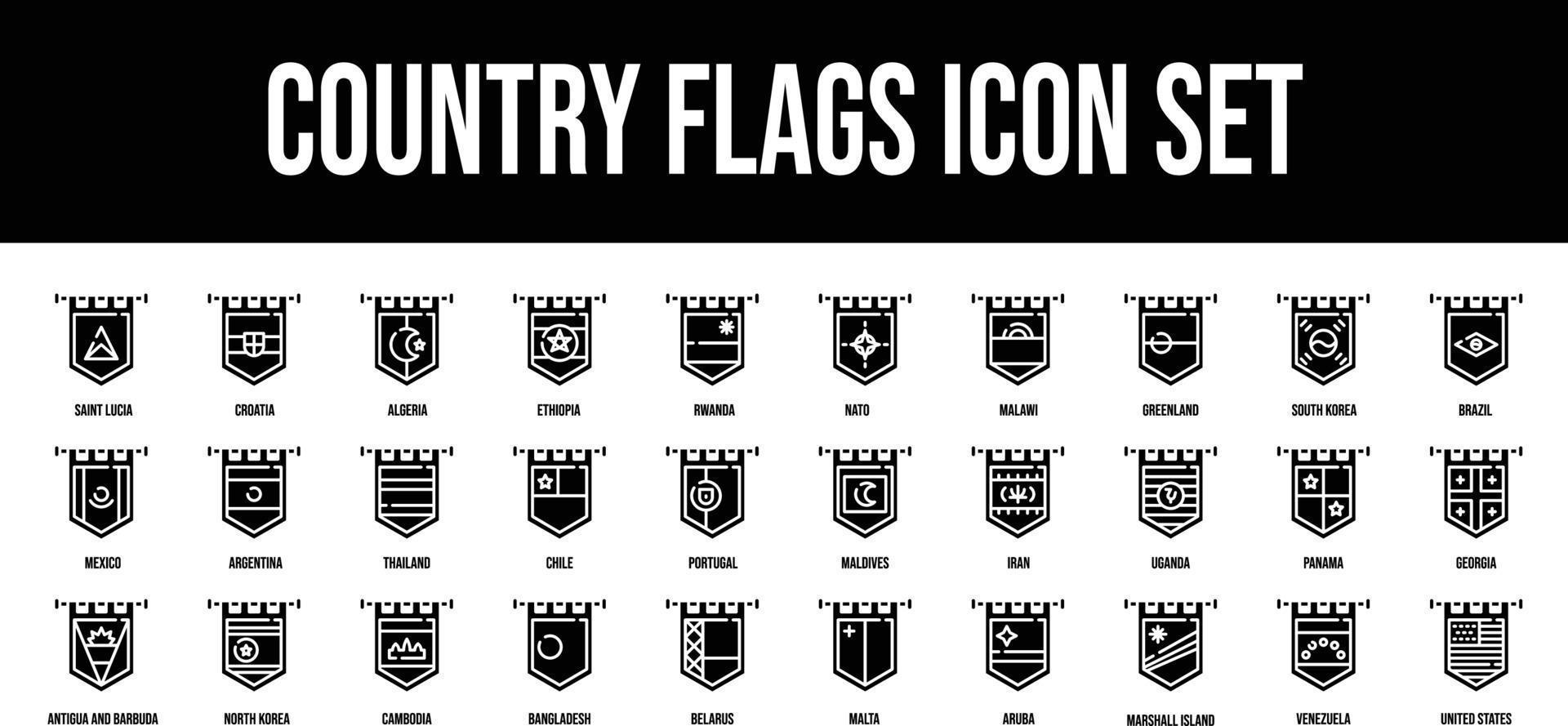 Country Flags Glyph stroke outline icons set vector