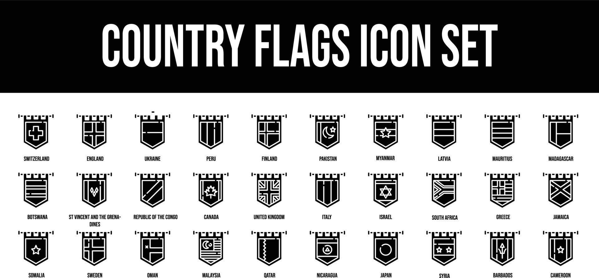 Country Flags Glyph stroke outline icons set vector