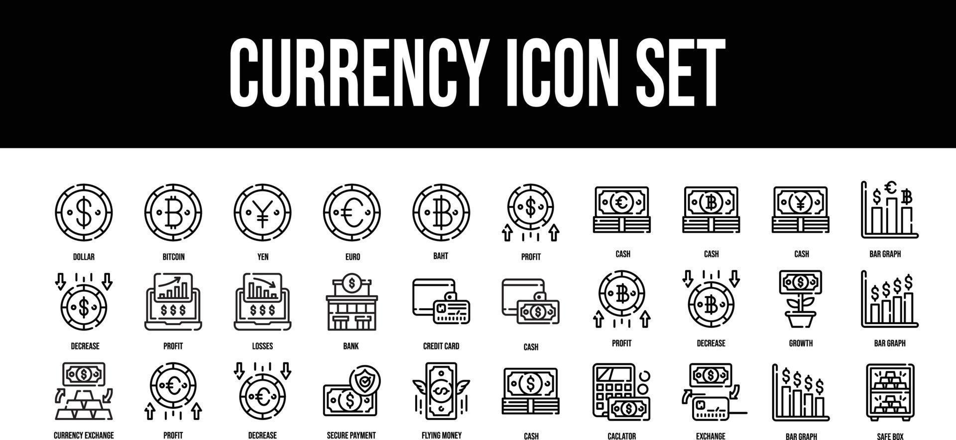 Currency stroke outline icons set vector