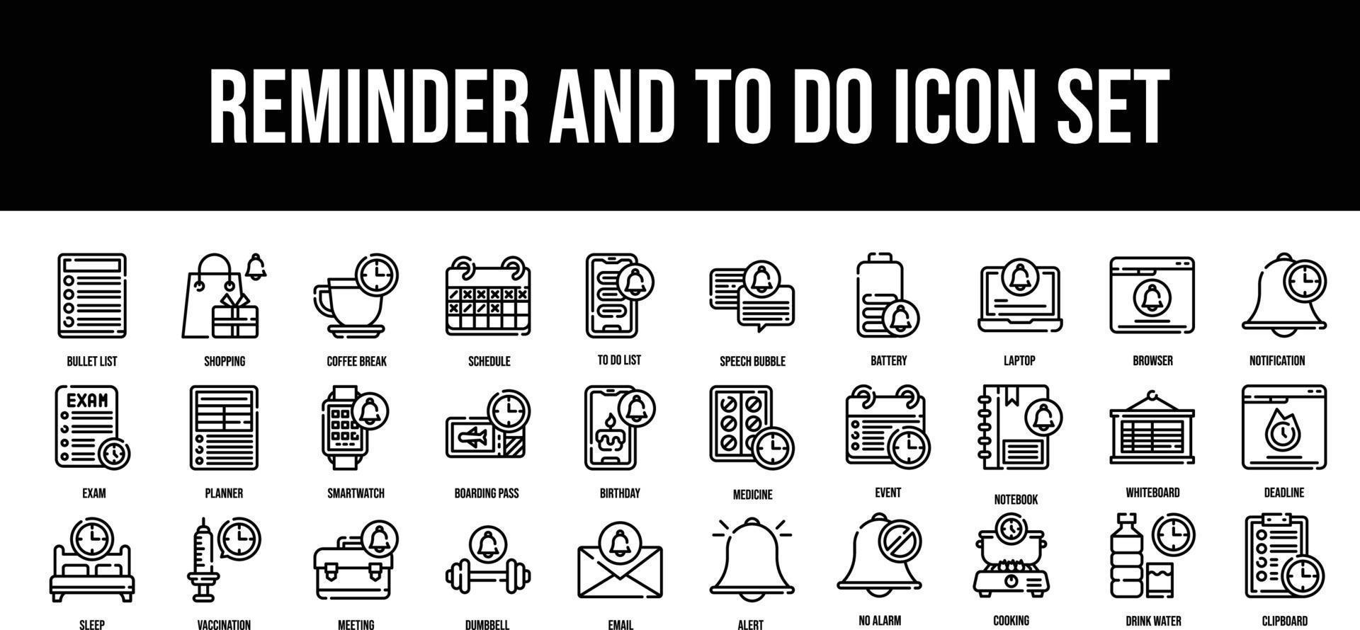 Reminder and To Do stroke outline icons set vector