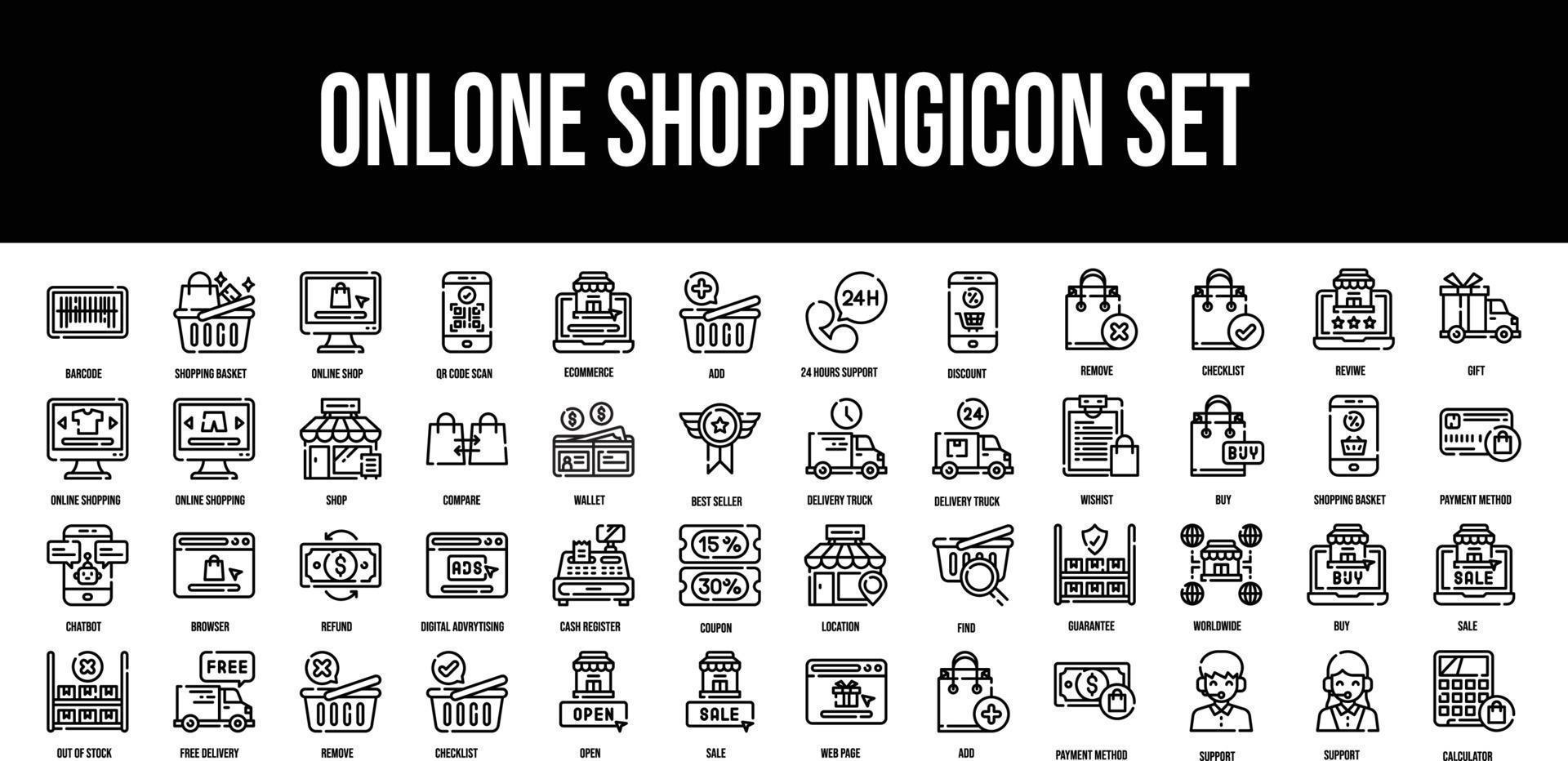 Online Shopping stroke outline icons set vector