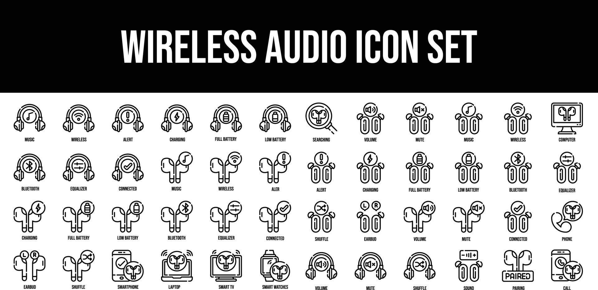 Wireless Audio stroke outline icons set vector