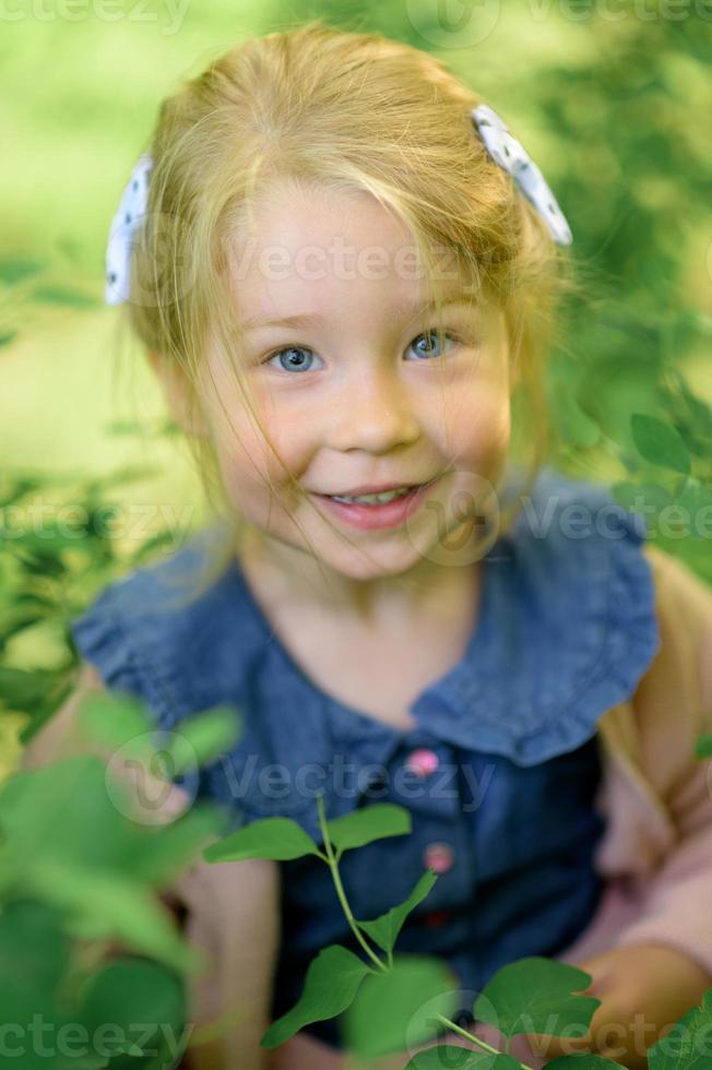 un pequeño niña 3 años antiguo camina en el parque en un vestir y un rosado suéter. foto