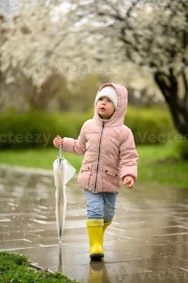 A little girl 3 years old walks in yellow rubber boots, after the rain. photo