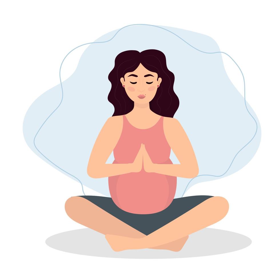 embarazada mujer hacer ejercicio yoga. ilustración en plano dibujos animados estilo, concepto ilustración para sano estilo de vida, deporte, haciendo ejercicio vector