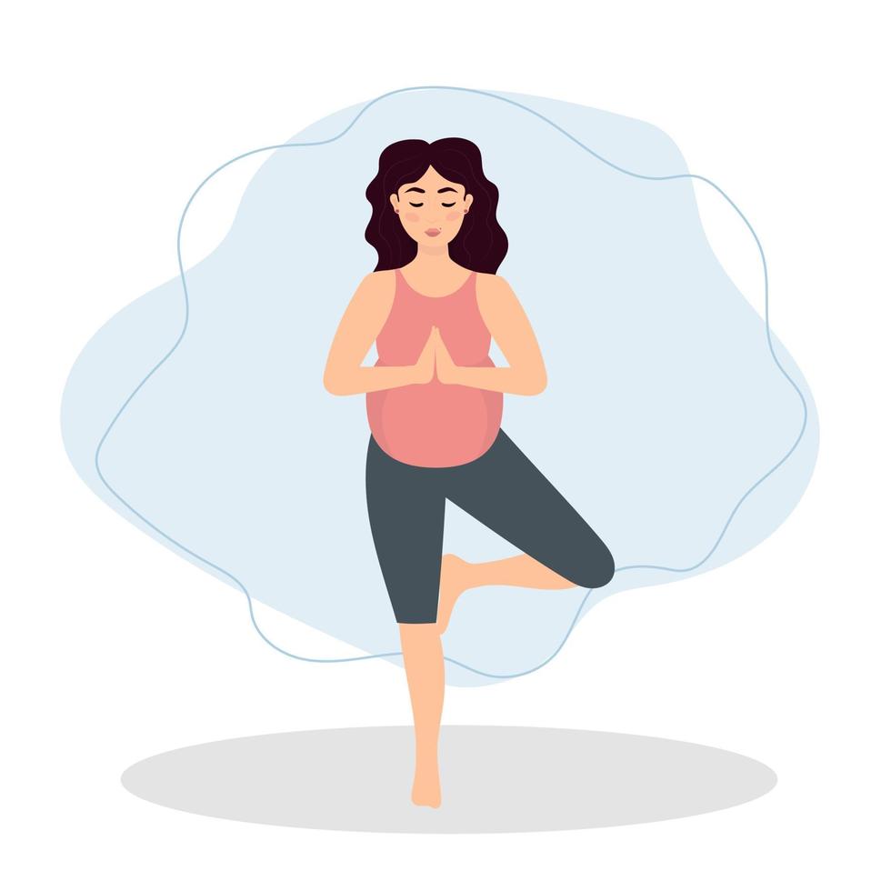 embarazada mujer hacer ejercicio yoga. ilustración en plano dibujos animados estilo, concepto ilustración para sano estilo de vida, deporte, haciendo ejercicio vector