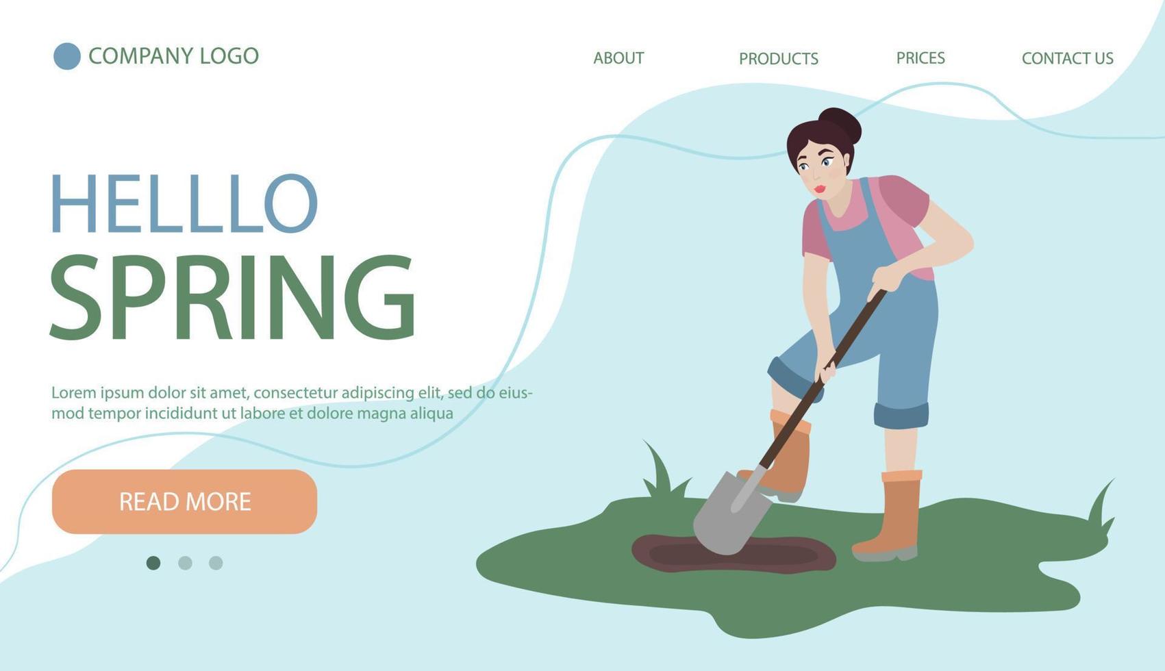 mujer excavación arriba suelo con pala. mujer trabajando en jardín. ilustracion en plano dibujos animados estilo. web página bandera vector