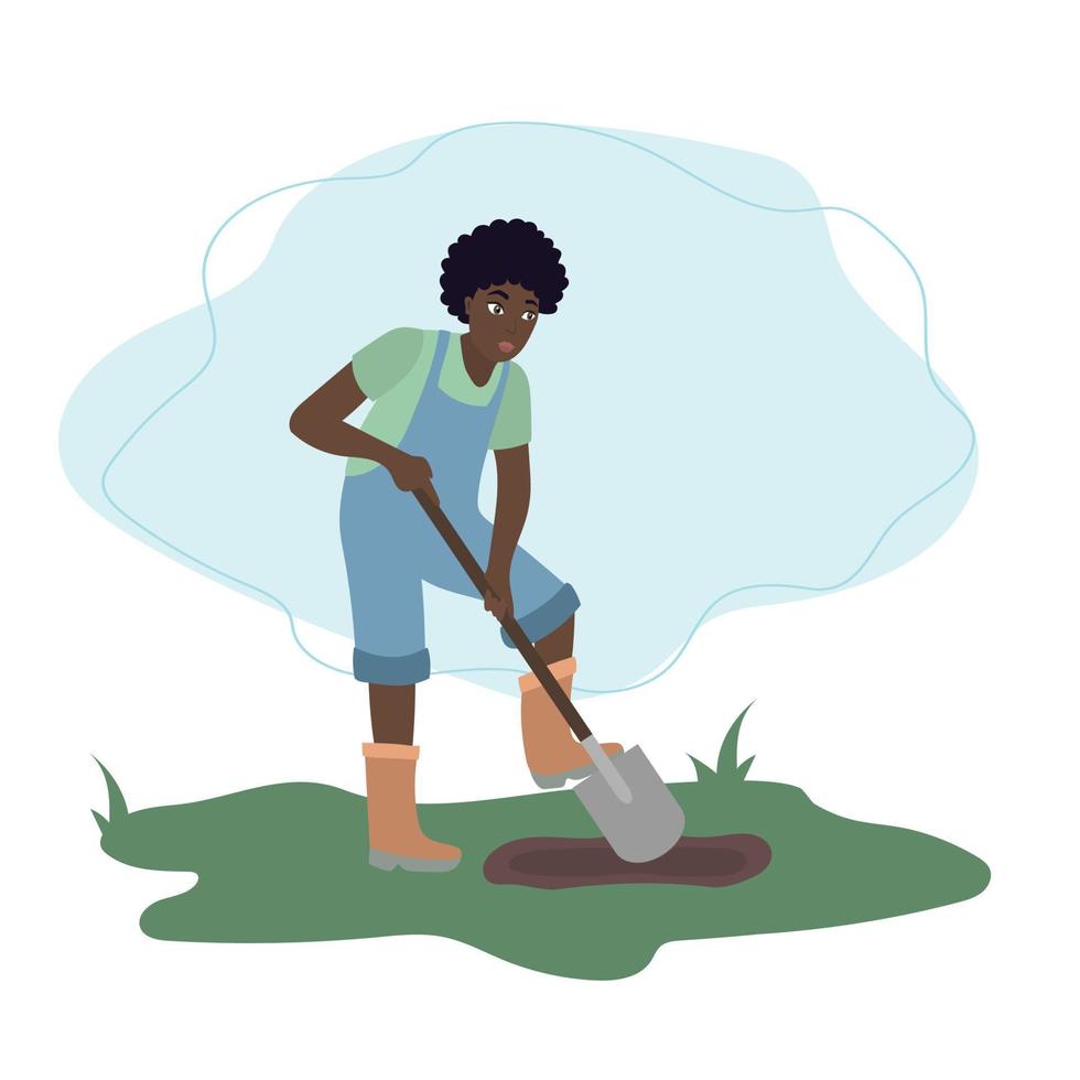 mujer excavación arriba suelo con pala. mujer trabajando en jardín. ilustracion en plano dibujos animados estilo vector