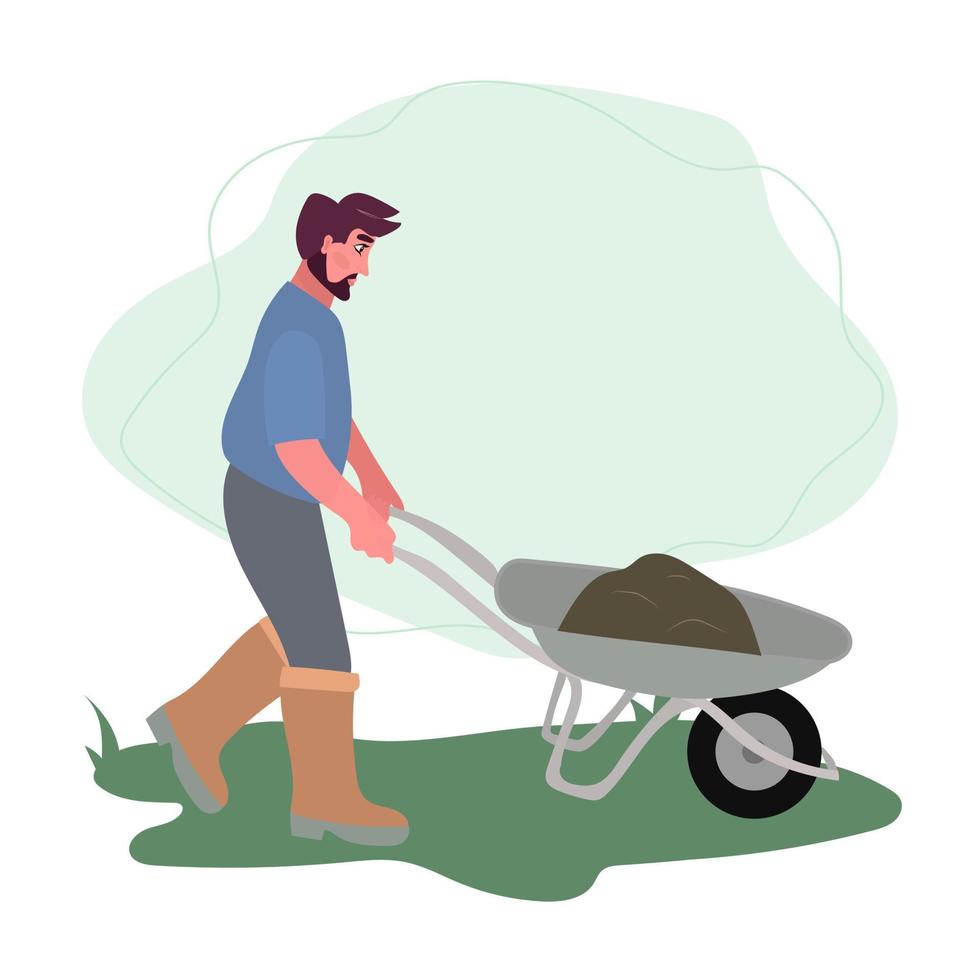 hombre rollos un carretilla con suelo. masculino trabajando en jardín. ilustracion en plano dibujos animados estilo vector