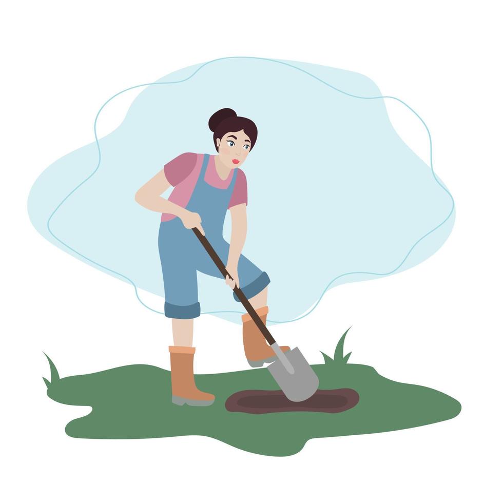 mujer excavación arriba suelo con pala. mujer trabajando en jardín. ilustracion en plano dibujos animados estilo vector