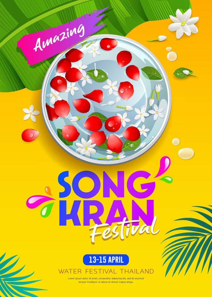 Songkran thailand, rose petals and jasmine in water bowl with coconut leaf, banana leaf, poster design on yellow background, EPS 10, vector illustration