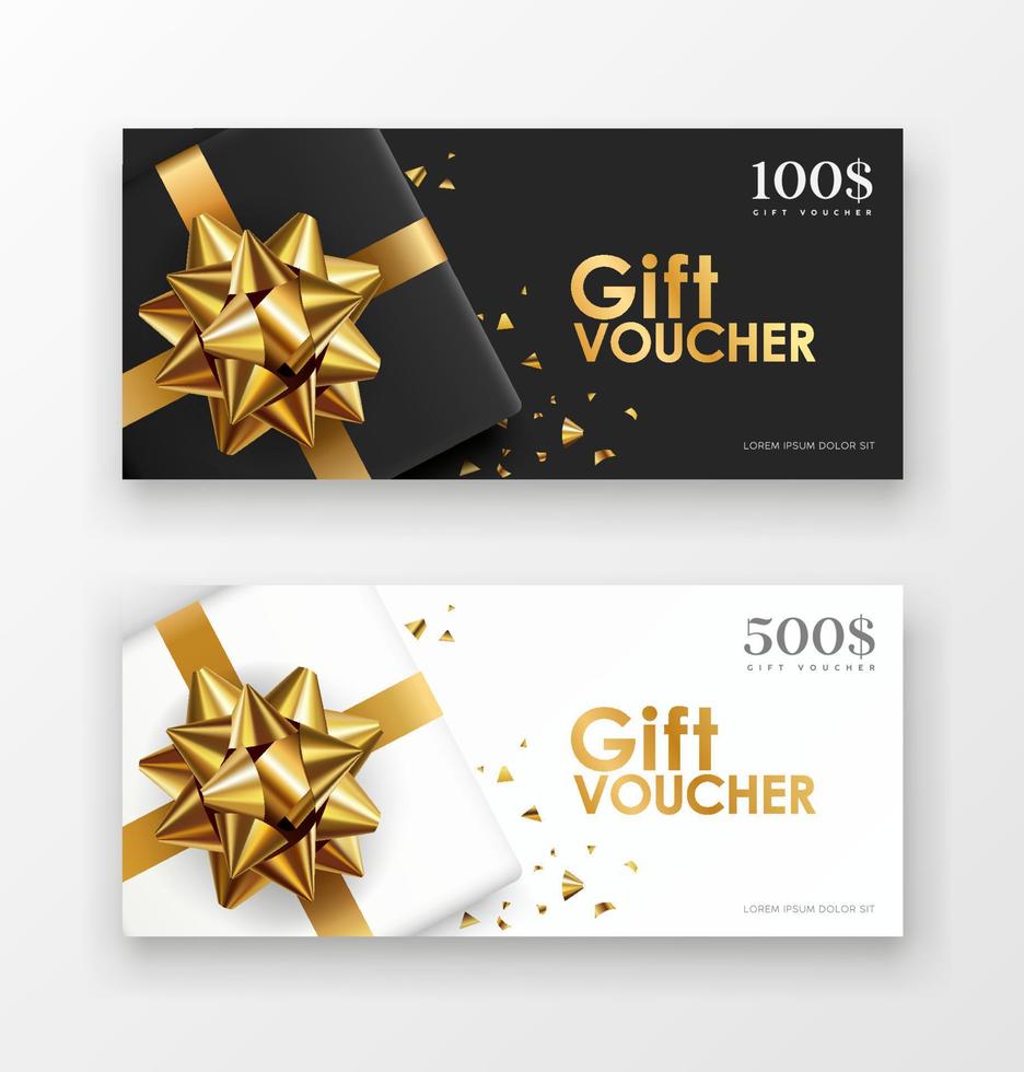 Gift vouchers gift box golden ribbon, black and white paper concept design collections background, EPS 10 vector illustration