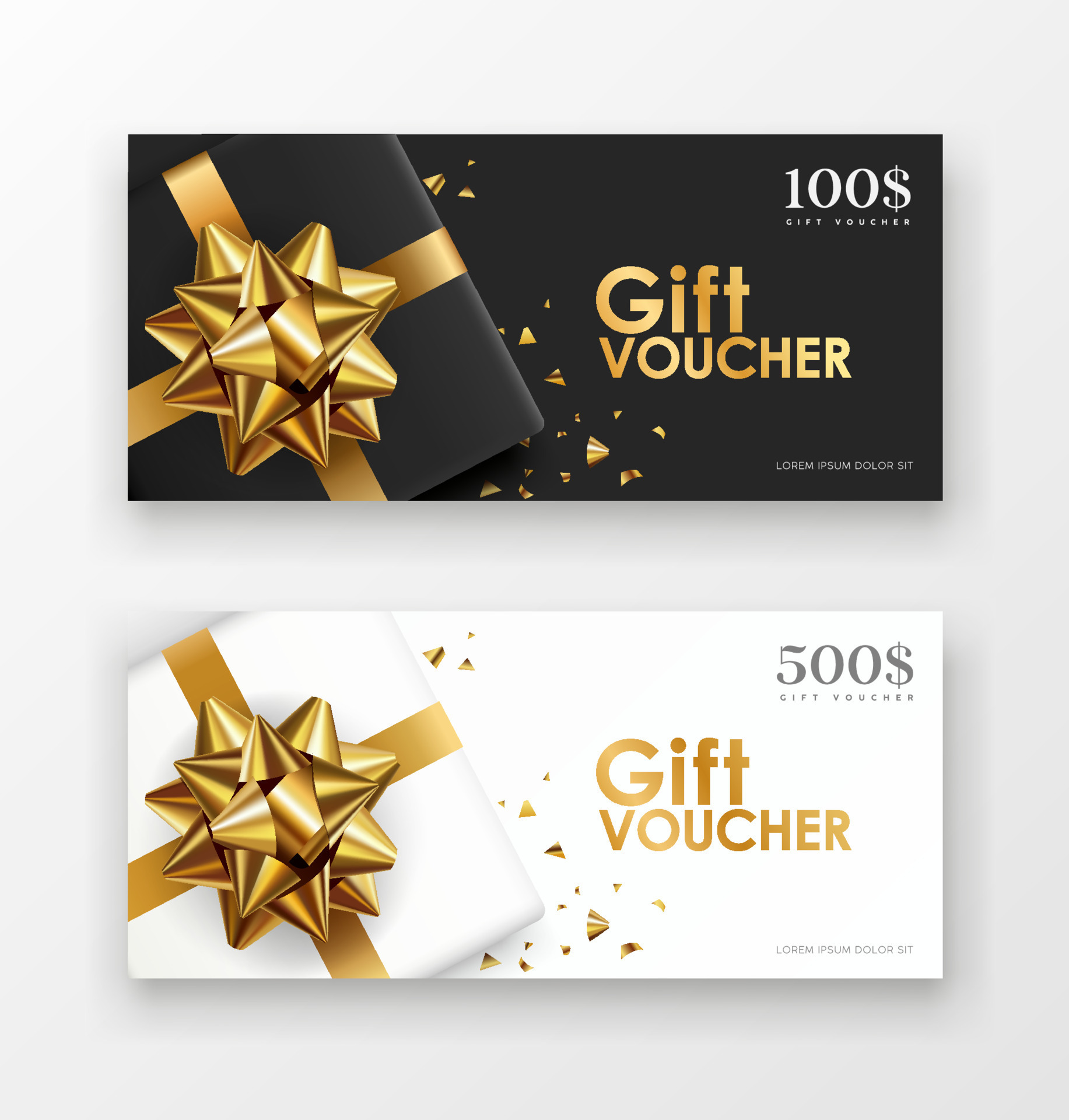 Gift vouchers gift box golden ribbon, black and white paper concept design collections