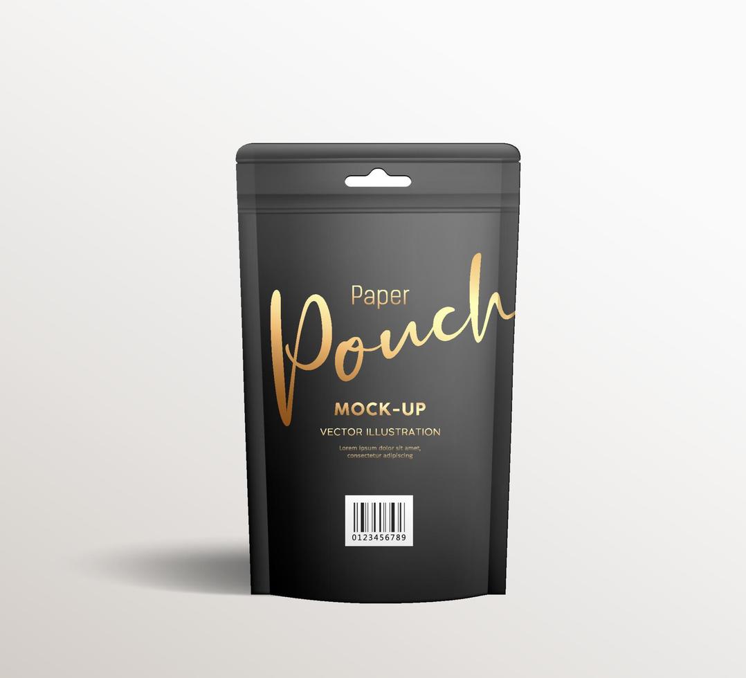 Black kraft paper pouch bags, front view packaging mock up template design, on gray background Eps 10 vector illustration
