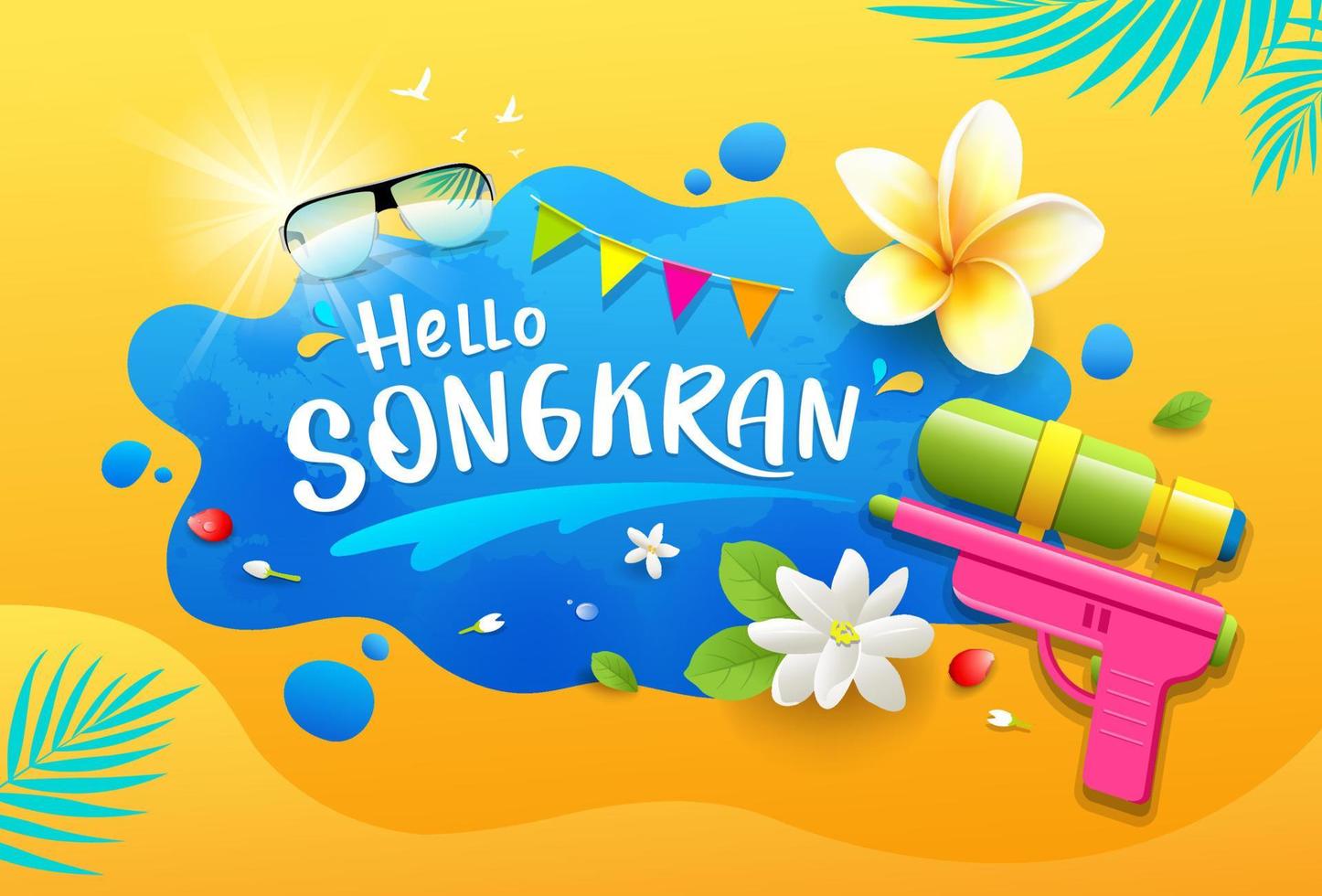 Songkran festival tailandia, pistola agua chapoteo con tailandés flor, bandera diseño en amarillo fondo, eps 10 vector ilustración