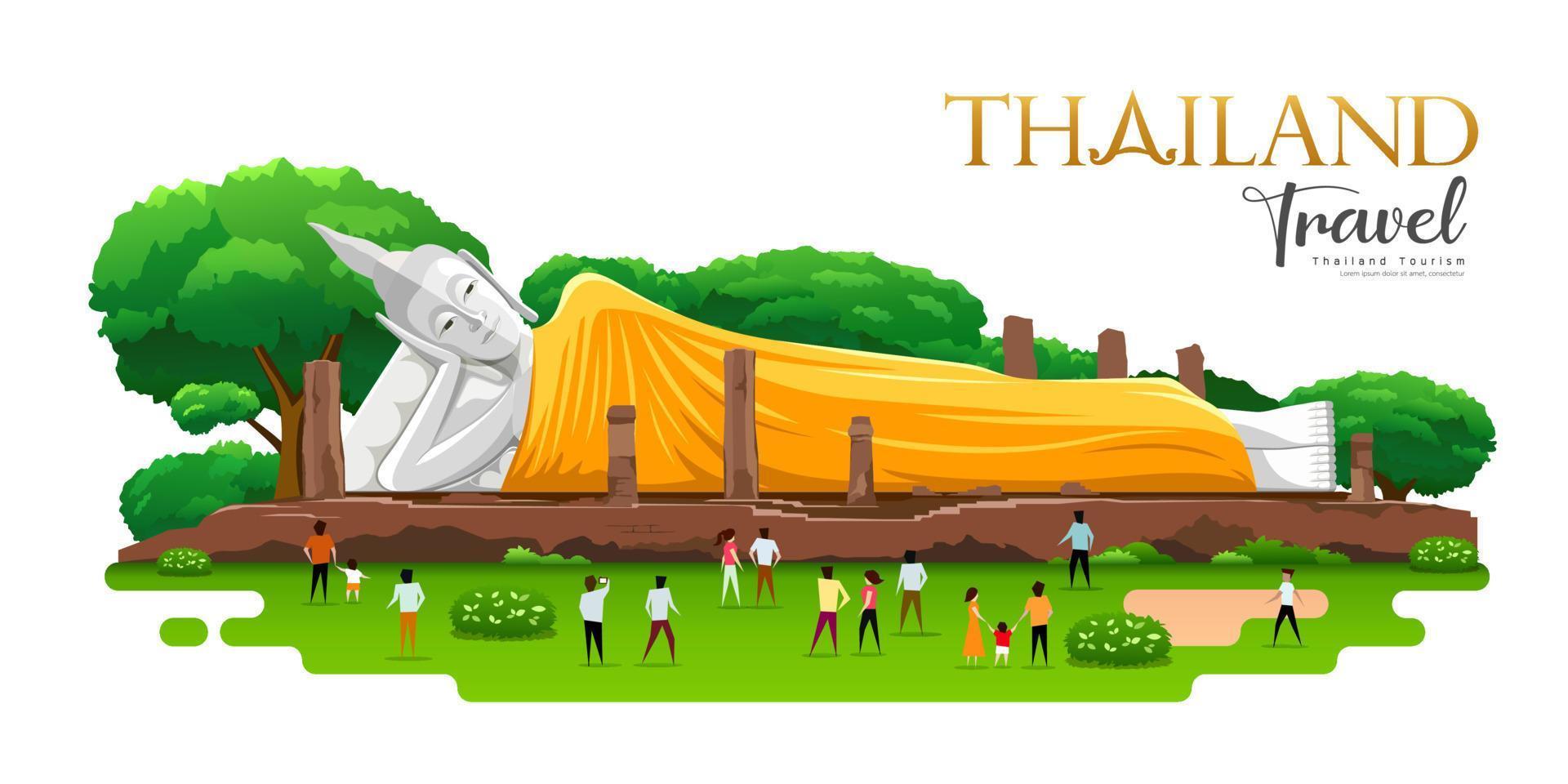 Reclining Buddha Yellow robe, Khun Inthapramun, Ang Thong Province, Thailand with prople travel, isolated on white background, vector Eps 10 illustration