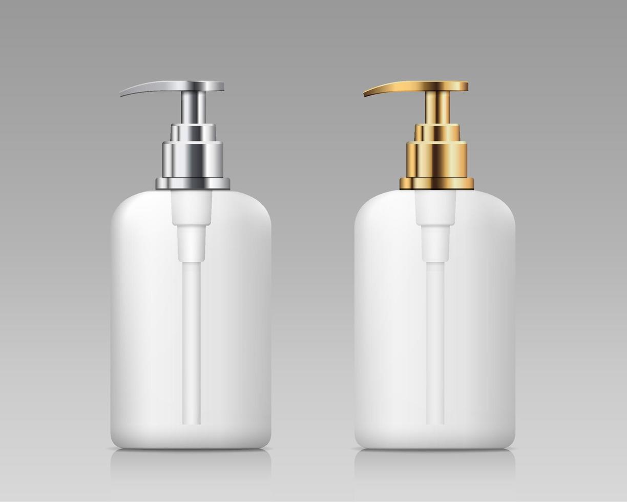 Pump bottle white transperency product, with gold and silver cap collections design, on gray background, Eps 10 vector illustration