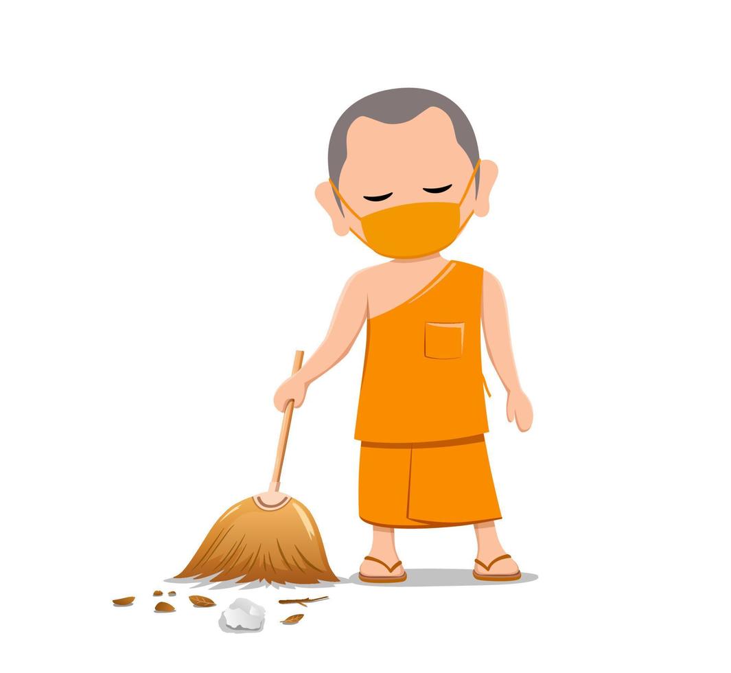 Thai monk put face mask virus protection, holding broom is leaf sweep, design isolated on white background, vector Eps 10 illustration