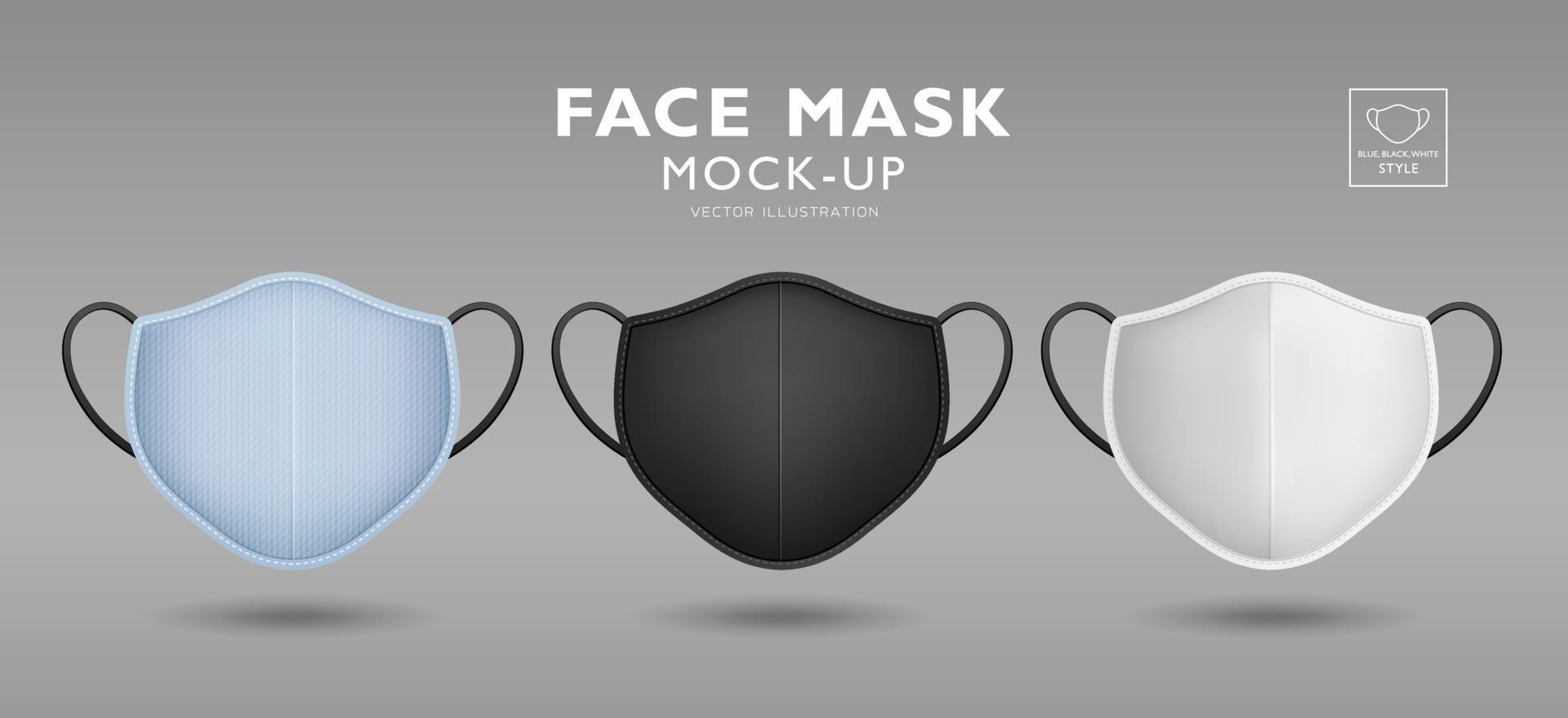 cara máscara tela azul, negro, blanco color burlarse de arriba frente modelo diseño, en gris fondo, eps 10 vector ilustración