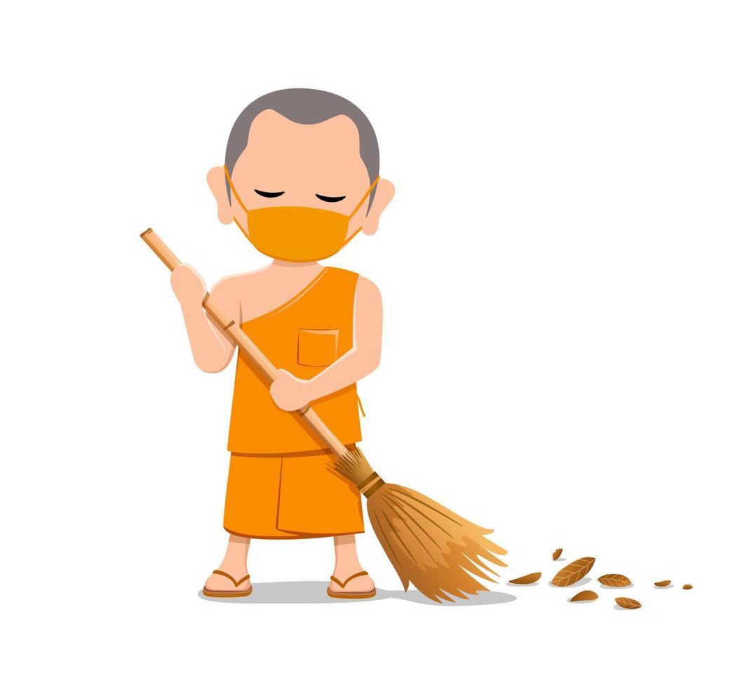 Thai monk put face mask virus protection, is leaf sweep, design isolated on white background, vector Eps 10 illustration