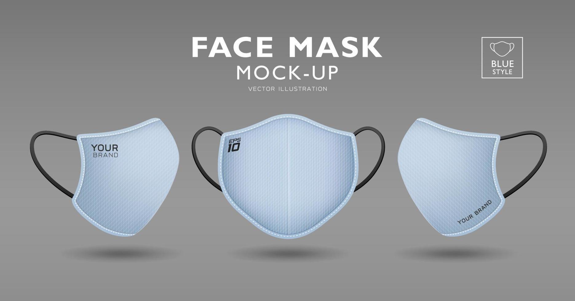 Face mask blue color fabric mockup, front and side, realistic template design isolated on white background, Eps 10 vector illustration