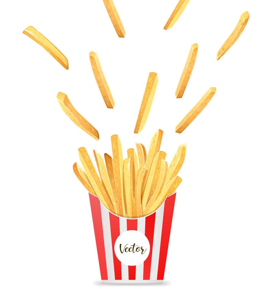 French fries in box template design, spread out into the air isolated on white background Eps 10 vector illustration