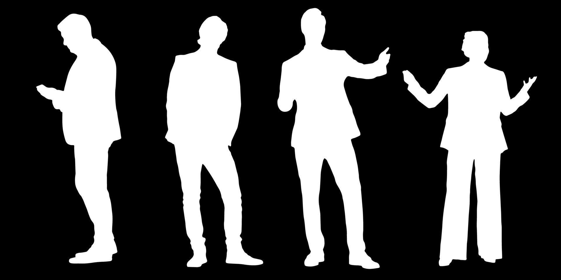 Set of silhouettes of men and a women, a group of standing   people white color isolated on black background vector