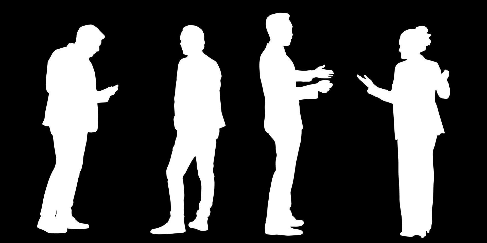 conjunto de siluetas de hombres y un mujer, un grupo de en pie personas blanco color aislado en negro antecedentes vector