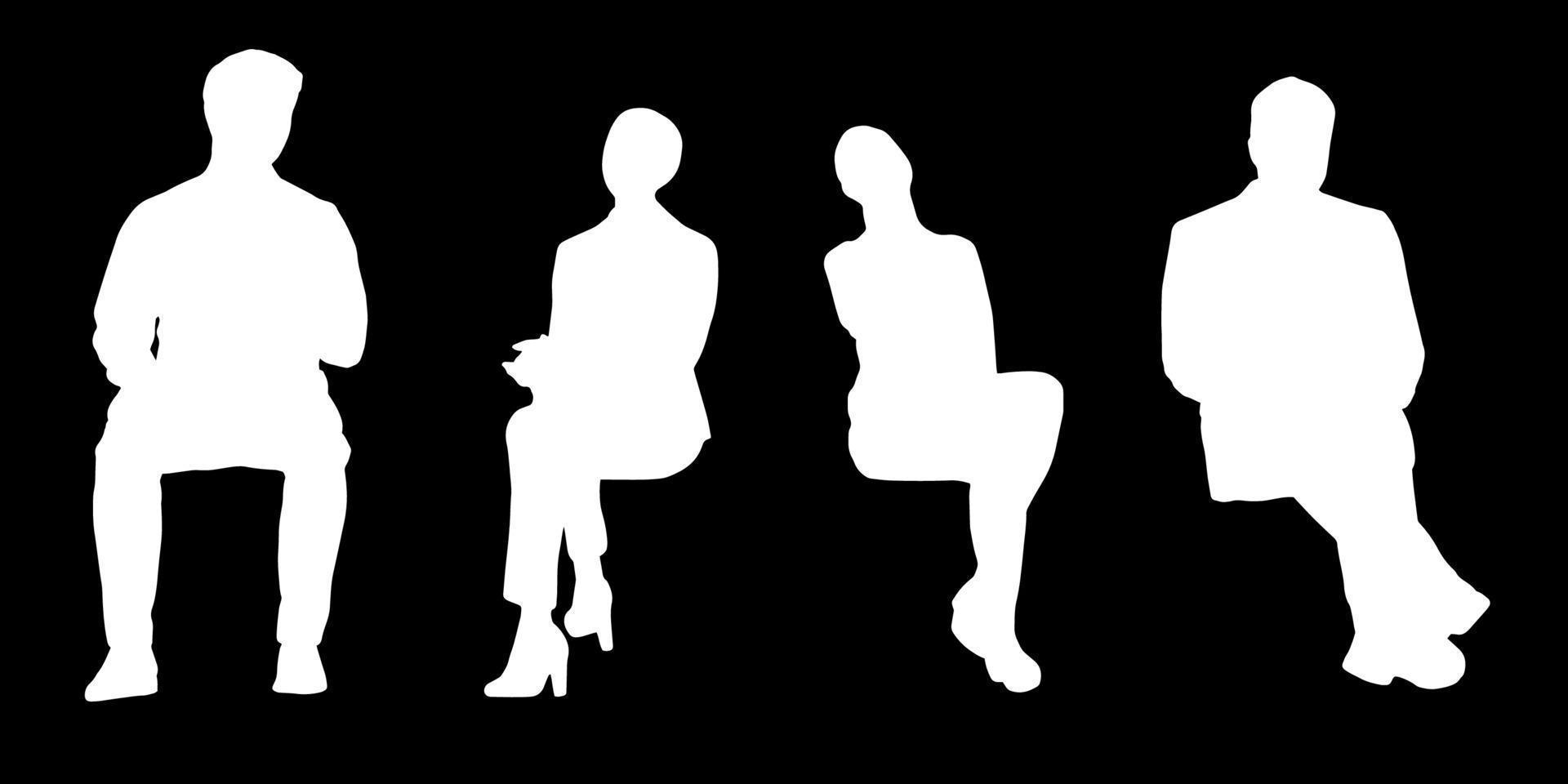 conjunto de siluetas de hombres y un mujer, un grupo de en pie personas blanco color aislado en negro antecedentes vector