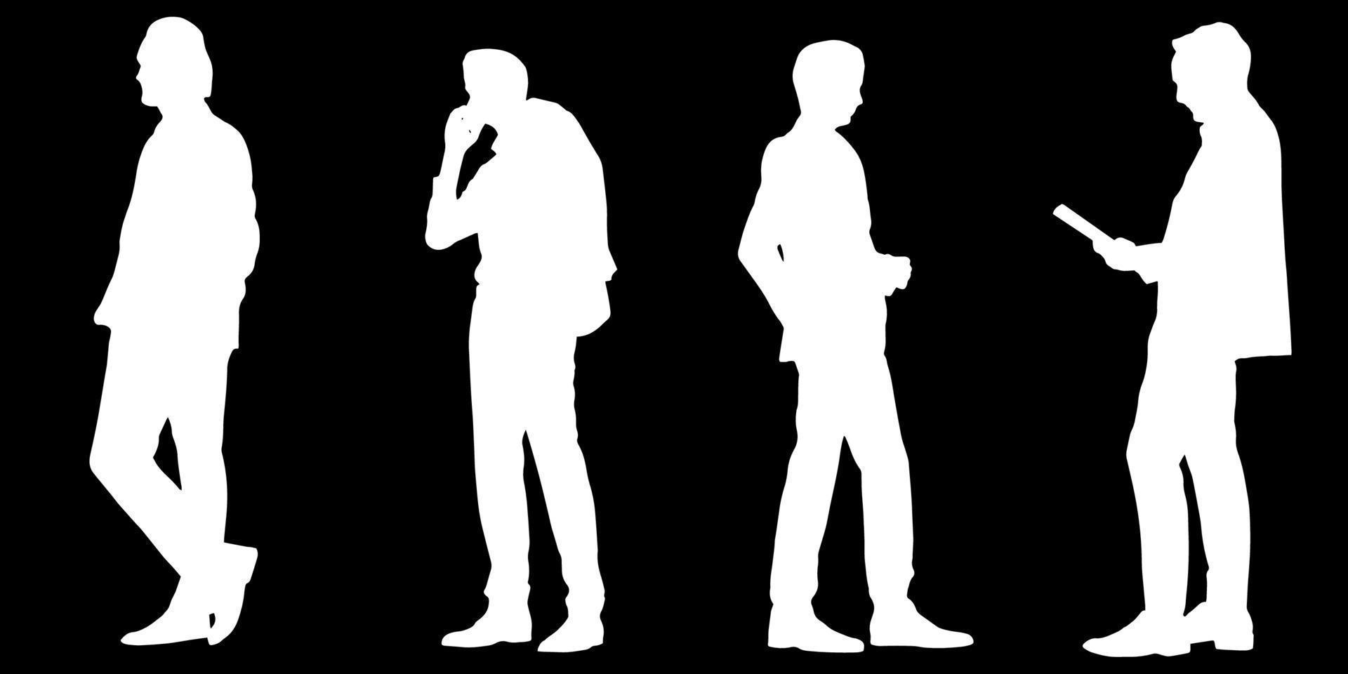 Set of silhouettes of men and a women, a group of standing   people white color isolated on black background vector